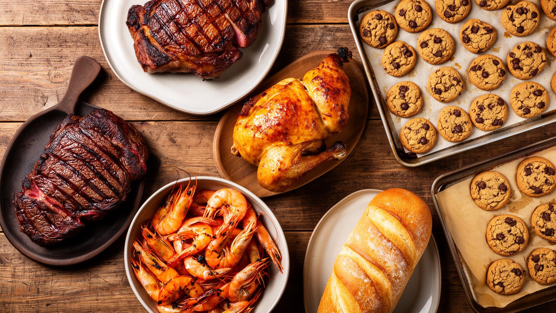 Restaurant-quality steaks, shrimp, chicken, bread and cookies on a wooden table